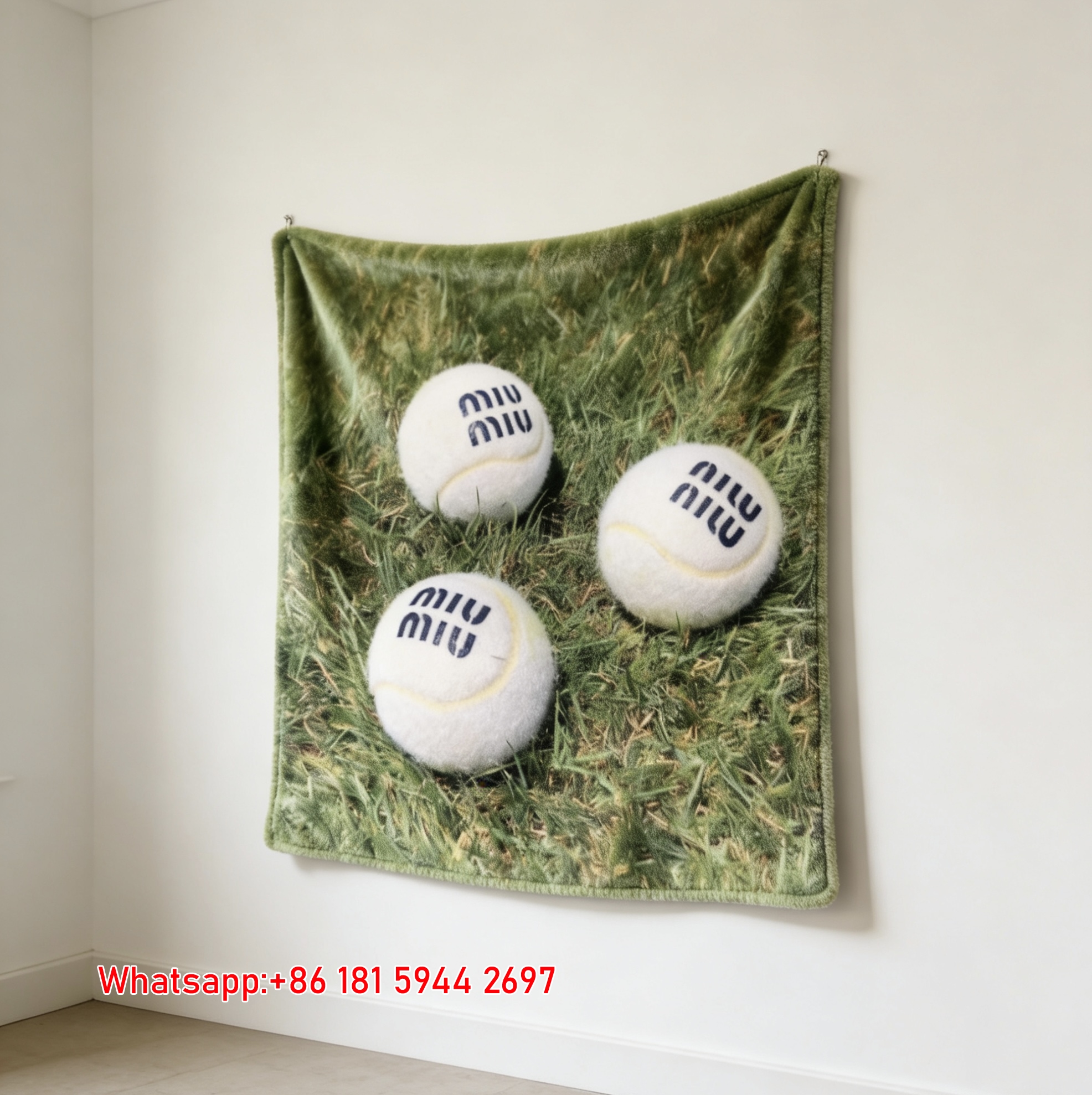 Miumiu White Navy Green Flannel Sofa Throw Blanket – Printed Tennis Ball Lawn Scene IMG_0544